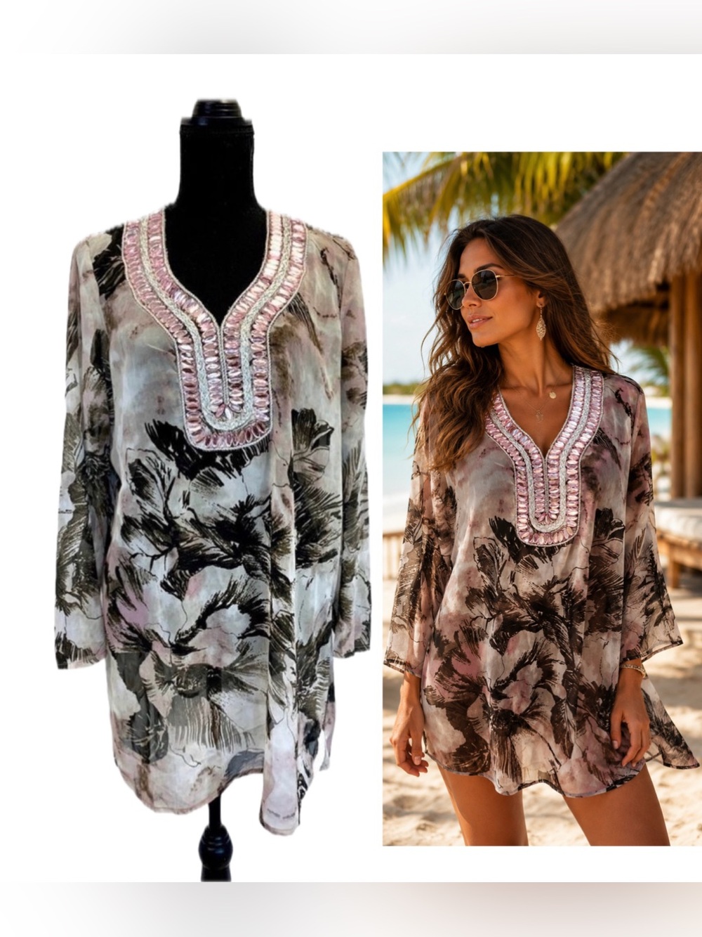 PREMISE brown pink sheer chiffon gem jewelled beach coverup blouse top Sz L 🔥